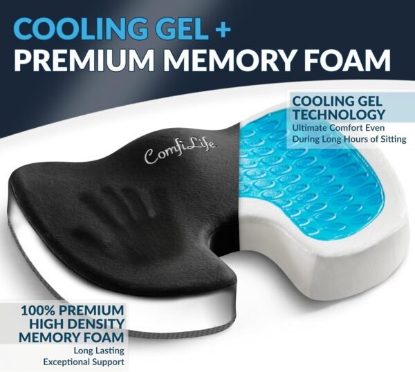 ComfiLife Premium Gel & Memory Foam Seat Cushion – Doctor Recommended Office Chair Cushion, Car Seat Cushion – Chair Cushions for Back & Sciatica Pain Relief – Seat Cushions for Office & Desk (Black)