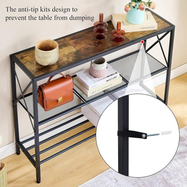 Hoctieon Industrial Console Table, 3 Tier Entryway Tables, Hallway Desk, Narrow Sofa Tables with Shelves, Entrance Table for Entryway, Living Room, Foyer, Hallway, Office, Rustic Brown&Black