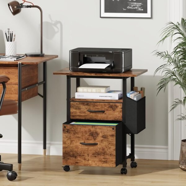 81jZYAddYoL._AC_SL1500_.jpg 2 Drawer File Cabinet with 24'' Extended Desktop, Mobile Filing Cabinet, Rolling File Cabinet with Side Bag, Fabric Drawer, Fits A4/Letter Size, Printer Stand Home Office, Light Brown