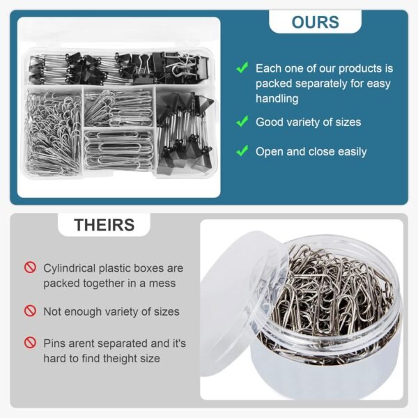 Binder Clips Paper Clips Assorted Sizes, 340pcs Black Binder Clips Jumbo Paperclips Set, Large Paper Clips for Office, School Supplies, Binder & Paper Clips in Container with Compartments