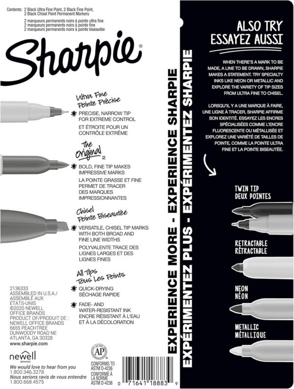 Sharpie Permanent Markers Variety Pack Featuring Ultra-Fine Chisel Tip And Fine Tip Marker Set Writing And Poster Markers Black 6 Count