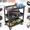 Stand Steady Tubstr 3 Shelf Utility Cart Supports Up to 375 lbs - Heavy-Duty Plastic Service Push Cart with Deep Shelves and 5" Casters, for Offices, Warehouse Storage, Garage (Black, 32 x 18 x 51)