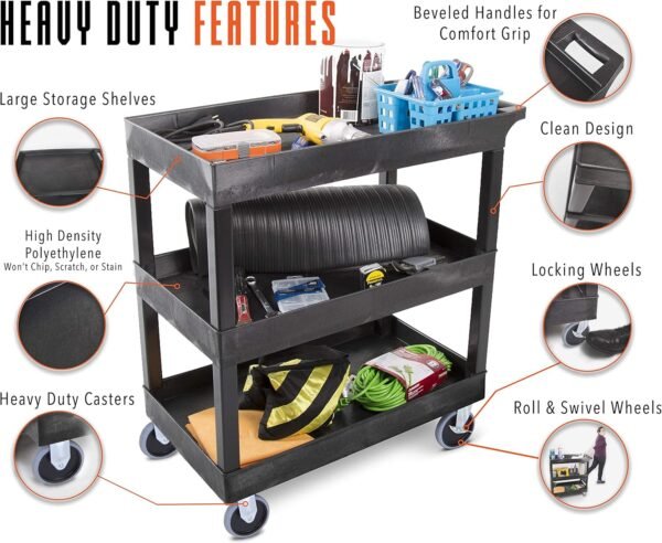 Stand Steady Tubstr 3 Shelf Utility Cart Supports Up to 375 lbs - Heavy-Duty Plastic Service Push Cart with Deep Shelves and 5" Casters, for Offices, Warehouse Storage, Garage (Black, 32 x 18 x 51)
