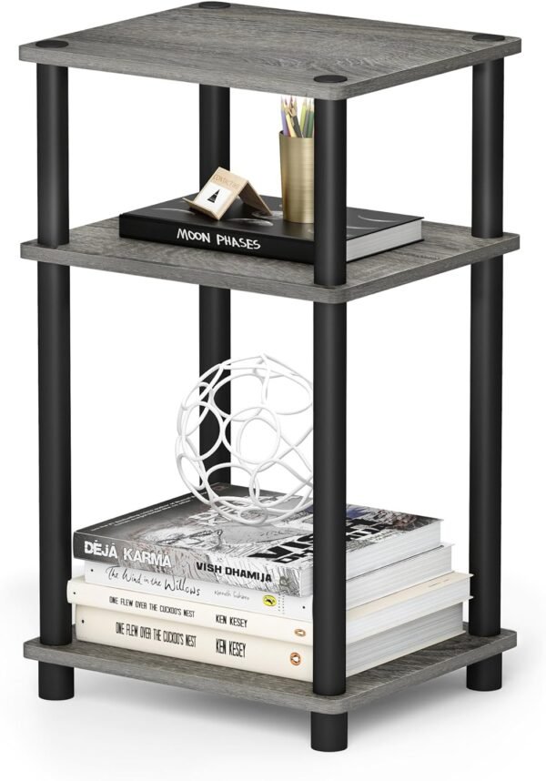 Furinno Just 3-Tier Turn-N-Tube End Table / Side Table / Night Stand / Bedside Table with Plastic Poles, 1-Pack, French Oak Grey/Black