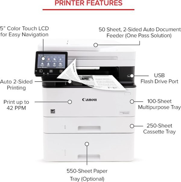 Canon imageCLASS MF465dw - Monochrome, Duplex Wireless Laser Printer, All-in-One with Scanner, Copier, Fax, Home or Office, Auto Document Feeder, Mobile Ready, 3 Year Limited Warranty, 42 PPM, White
