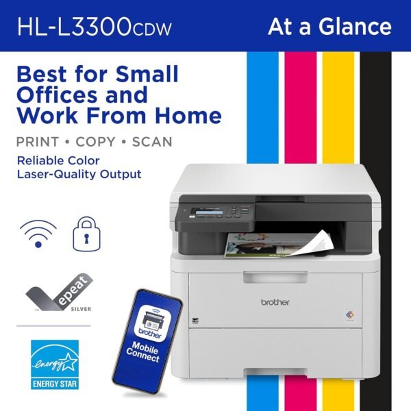 Brother HL-L3300CDW Wireless Digital Color Multi-Function Printer with Laser Quality Output, Copy & Scan, Duplex, Mobile | Includes 4 Month Refresh Subscription Trial ¹ Amazon Dash Replenishment Ready