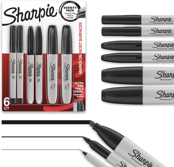 Sharpie Permanent Markers Variety Pack Featuring Ultra-Fine Chisel Tip And Fine Tip Marker Set Writing And Poster Markers Black 6 Count