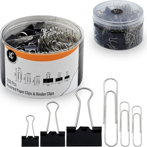 350 Pack Paper Clips and Binder Clips Set by Luxurecourt - Binders & Paperclips Assorted Sizes in Container with Compartments, Silver Paper Clips & Black Binder clips for Home, School, Office Supplies