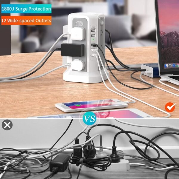 Surge Protector Power Strip Tower with USB C Port(PD18W),10FT Extension Cord with 12 AC Outlets 5 USB Charging Ports, PASSUS Power Tower Surge Protection for Home Office DormRoom