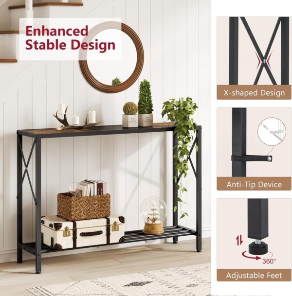 Tajsoon Console Table, 2-Tier Industrial Entryway Table, 41.8”L Narrow Entrance Sofa Table with Shelves, Hallway, Living Room, Foyer, Corridor, Office, Rustic Brown and Black