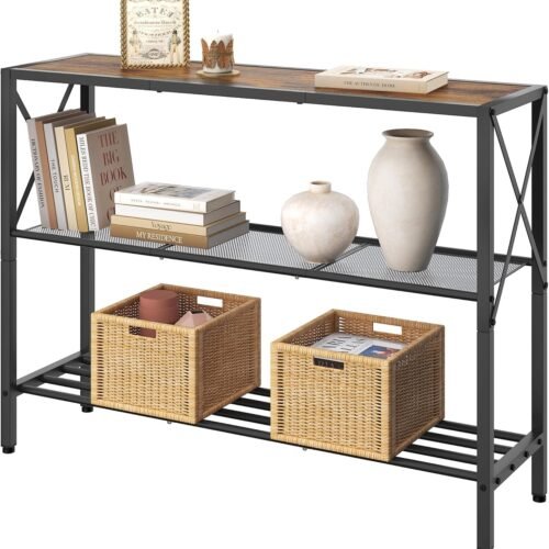 Hoctieon Industrial Console Table, 3 Tier Entryway Tables, Hallway Desk, Narrow Sofa Tables with Shelves, Entrance Table for Entryway, Living Room, Foyer, Hallway, Office, Rustic Brown&Black