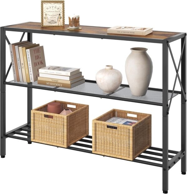 Hoctieon Industrial Console Table, 3 Tier Entryway Tables, Hallway Desk, Narrow Sofa Tables with Shelves, Entrance Table for Entryway, Living Room, Foyer, Hallway, Office, Rustic Brown&Black
