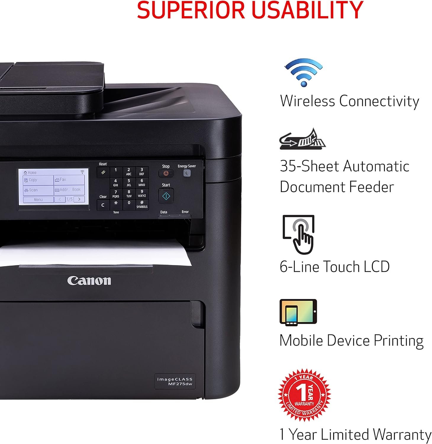 Canon imageCLASS MF275dw - Monochrome, Duplex Wireless Laser Printer, All-In-One With Scanner, Copier, Fax, Mobile Ready, 30 PPM, Black - Image 6