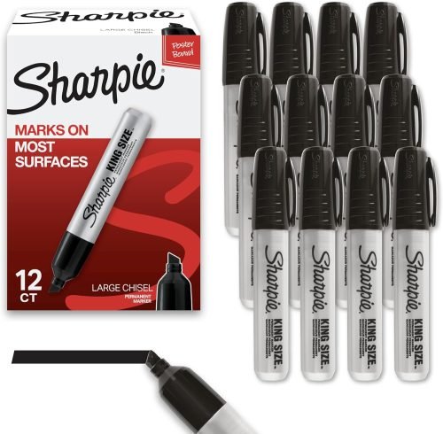 Sharpie King Size Permanent Marker Set, Chisel Tip, Thick Poster Markers, Heavy Duty For Work & Industrial Use, Black, 12 Count - High Capacity Ink Supply, For Paper, Metal, Plastic, And More