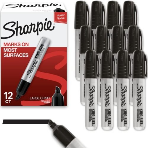 Sharpie King Size Permanent Marker Set, Chisel Tip, Thick Poster Markers, Heavy Duty For Work & Industrial Use, Black, 12 Count - High Capacity Ink Supply, For Paper, Metal, Plastic, And More