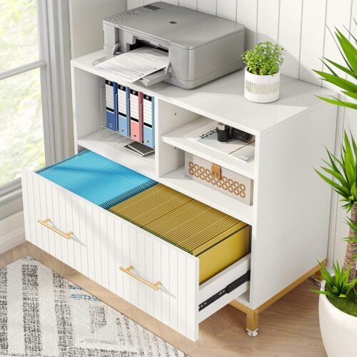 Tribesigns Lateral File Cabinet with Drawer, White Filing Cabinet with Adjustable Hanging Rod for Letter/Letter/A4 Size Files, 35.4" Wood Modern Printer Stand with Open Storage Spaces for Home Office