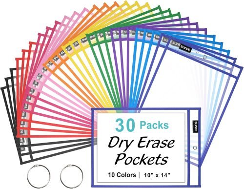 81tUHCTCBHL._AC_SL1500_.jpg SUNEE 30 Packs Oversized Reusable Dry Erase Pocket Sleeves with 2 Rings, 10 Assorted Colors 10x14 Ticket Holders, Clear Plastic Sheet Protectors, Teacher School Classroom Supplies