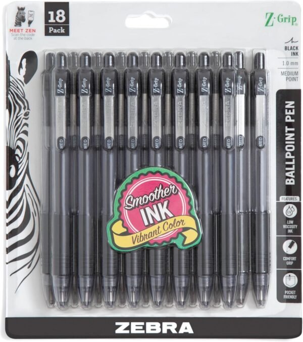 Zebra Pen Z-Grip Retractable Ballpoint Pen, Medium Point, Black Ink, Model Number 22218, 18-Pack (22218)