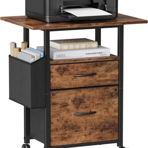 2 Drawer File Cabinet with 24'' Extended Desktop, Mobile Filing Cabinet, Rolling File Cabinet with Side Bag, Fabric Drawer, Fits A4/Letter Size, Printer Stand Home Office, Light Brown