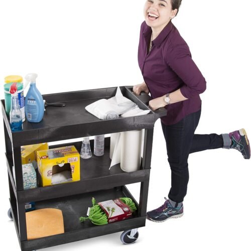 Stand Steady Tubstr 3 Shelf Utility Cart Supports Up to 375 lbs - Heavy-Duty Plastic Service Push Cart with Deep Shelves and 5" Casters, for Offices, Warehouse Storage, Garage (Black, 32 x 18 x 51)