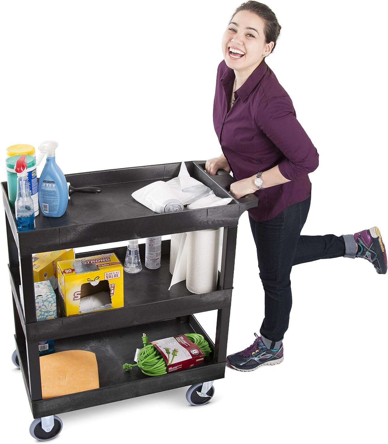 Stand Steady Tubstr 3 Shelf Utility Cart Supports Up to 375 lbs - Heavy-Duty Plastic Service Push Cart with Deep Shelves and 5" Casters, for Offices, Warehouse Storage, Garage (Black, 32 x 18 x 51)