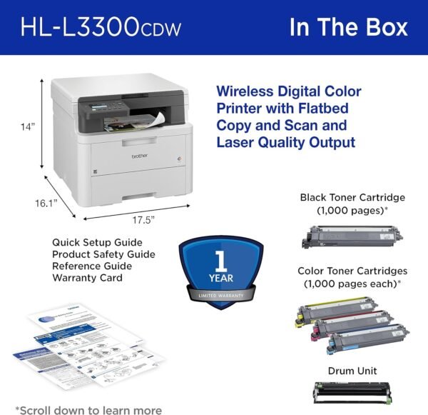 Brother HL-L3300CDW Wireless Digital Color Multi-Function Printer with Laser Quality Output, Copy & Scan, Duplex, Mobile | Includes 4 Month Refresh Subscription Trial ¹ Amazon Dash Replenishment Ready