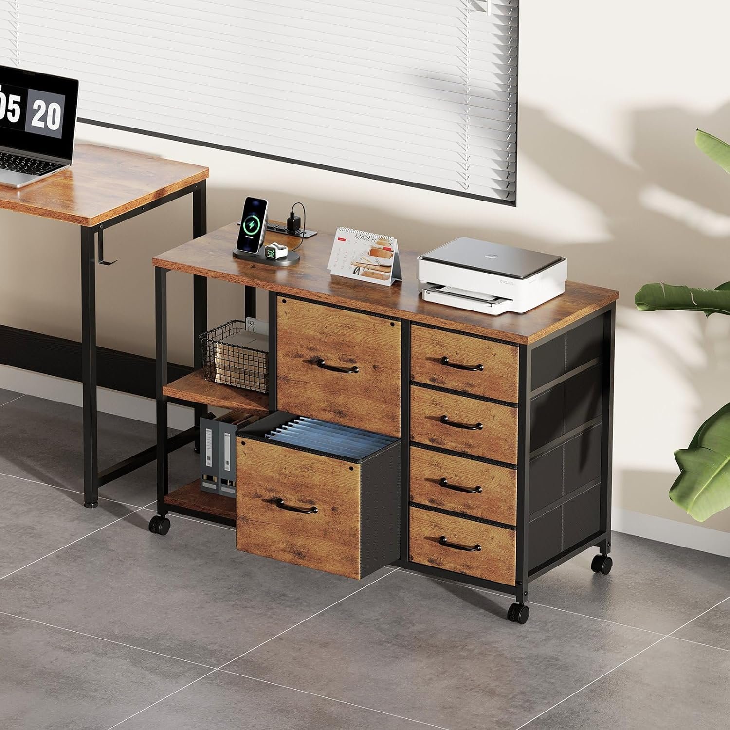 6 Drawer File Cabinet with Charging Station Rolling Printer Stand with Open Storage Shelf Fabric Lateral Filing Cabinet for Home Office,Rustic Brown2 - Image 2