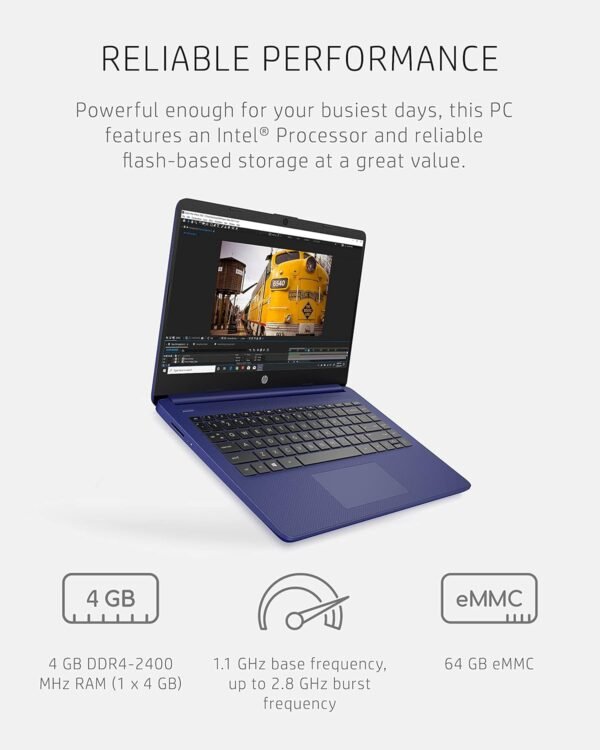 HP 14 Laptop, Intel Celeron N4020, 4 GB RAM, 64 GB Storage, 14-inch HD Touchscreen, Windows 11 Home, Thin & Portable, 4K Graphics, One Year of Microsoft 365 (14-dq0050nr, Indigo Blue)