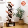 Yoobure Tree Bookshelf - 6 Shelf Retro Floor Standing Bookcase, Tall Wood Book Storage Rack for CDs/Movies/Books, Utility Organizer Shelves Bedroom, Living Room, Home Office, Rustic Brown