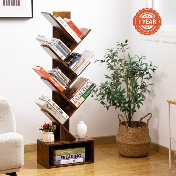 Yoobure Tree Bookshelf - 6 Shelf Retro Floor Standing Bookcase, Tall Wood Book Storage Rack for CDs/Movies/Books, Utility Organizer Shelves Bedroom, Living Room, Home Office, Rustic Brown