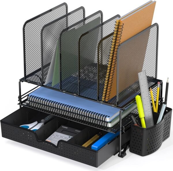 Simple Houseware Mesh Desk Organizer with Sliding Drawer, Double Tray and 5 Upright Sections, Black