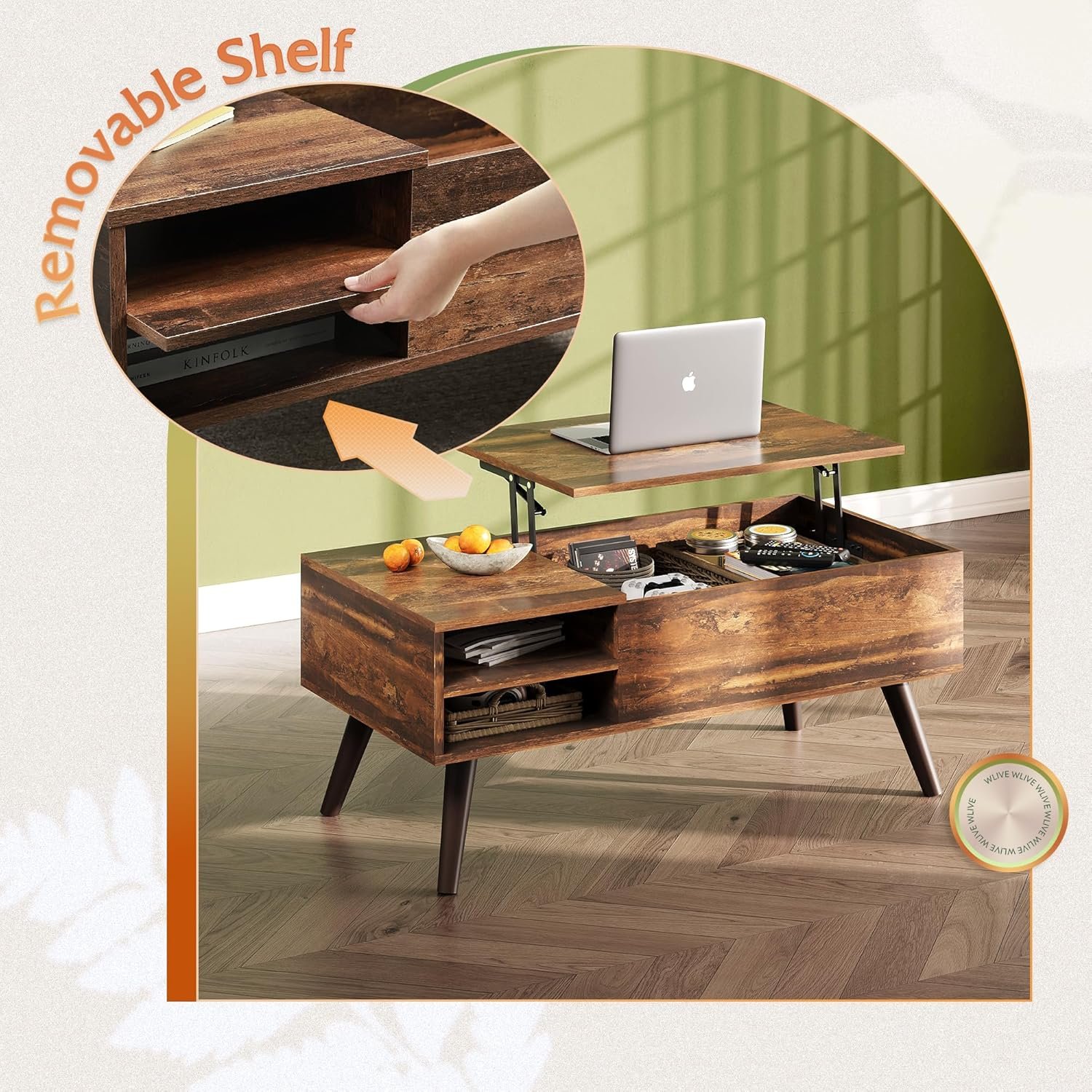 WLIVE Wood Lift Top Coffee Table with Hidden Compartment and Adjustable Storage Shelf, Lift Tabletop Dining Table for Home Living Room, Office, Rustic Oak - Image 6