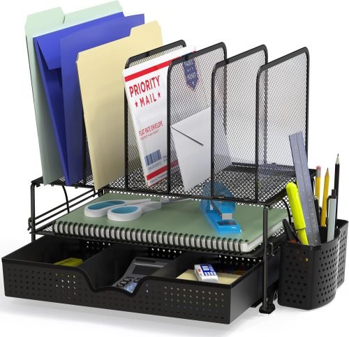 91DUmkaTjBL._AC_SL1500_.jpg Simple Houseware Mesh Desk Organizer with Sliding Drawer, Double Tray and 5 Upright Sections, Black