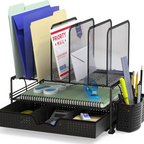 Simple Houseware Mesh Desk Organizer with Sliding Drawer, Double Tray and 5 Upright Sections, Black