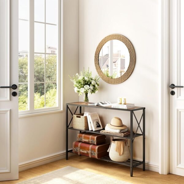 Hoctieon Industrial Console Table, 3 Tier Entryway Tables, Hallway Desk, Narrow Sofa Tables with Shelves, Entrance Table for Entryway, Living Room, Foyer, Hallway, Office, Rustic Brown&Black