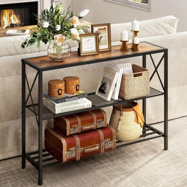 Hoctieon Industrial Console Table, 3 Tier Entryway Tables, Hallway Desk, Narrow Sofa Tables with Shelves, Entrance Table for Entryway, Living Room, Foyer, Hallway, Office, Rustic Brown&Black