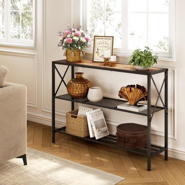 Hoctieon Industrial Console Table, 3 Tier Entryway Tables, Hallway Desk, Narrow Sofa Tables with Shelves, Entrance Table for Entryway, Living Room, Foyer, Hallway, Office, Rustic Brown&Black