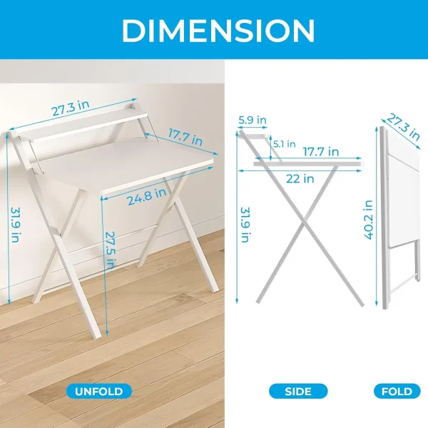 Folding Desk No Assembly Required Small Size, 2-Tier Foldable Computer Desk with Shelf for Home Office, Space Saving Portable,