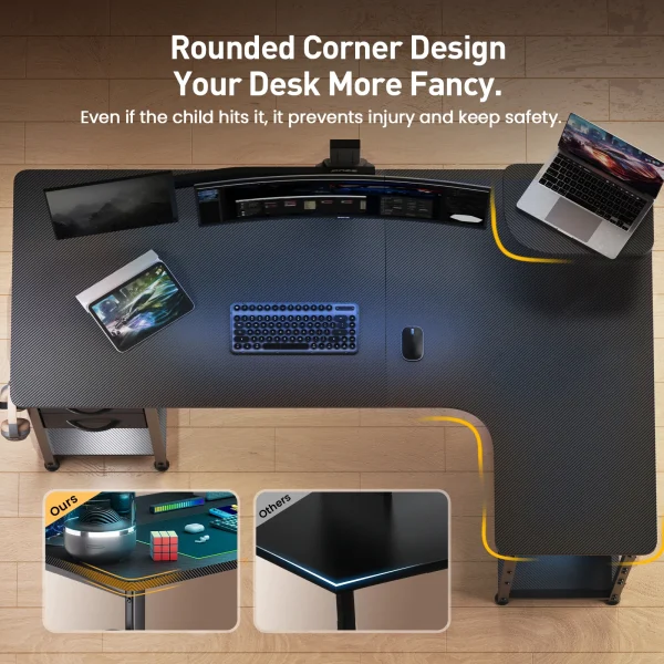 L-Shape Gaming Desk with Drawers, Carbon Fiber Computer Desk with Monitor Arm, Gaming Desk for Home Office Desks