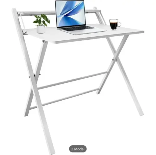 Folding Desk No Assembly Required Small Size, 2-Tier Foldable Computer Desk with Shelf for Home Office, Space Saving Portable,