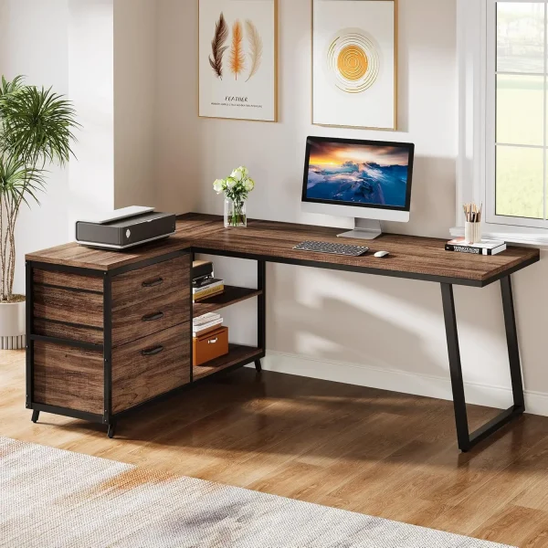 53" L Shaped Office Desk, Reversible Computer Desk with 3 File Drawers and 2 Storage Shelves for Home Office, Study, Gaming Room
