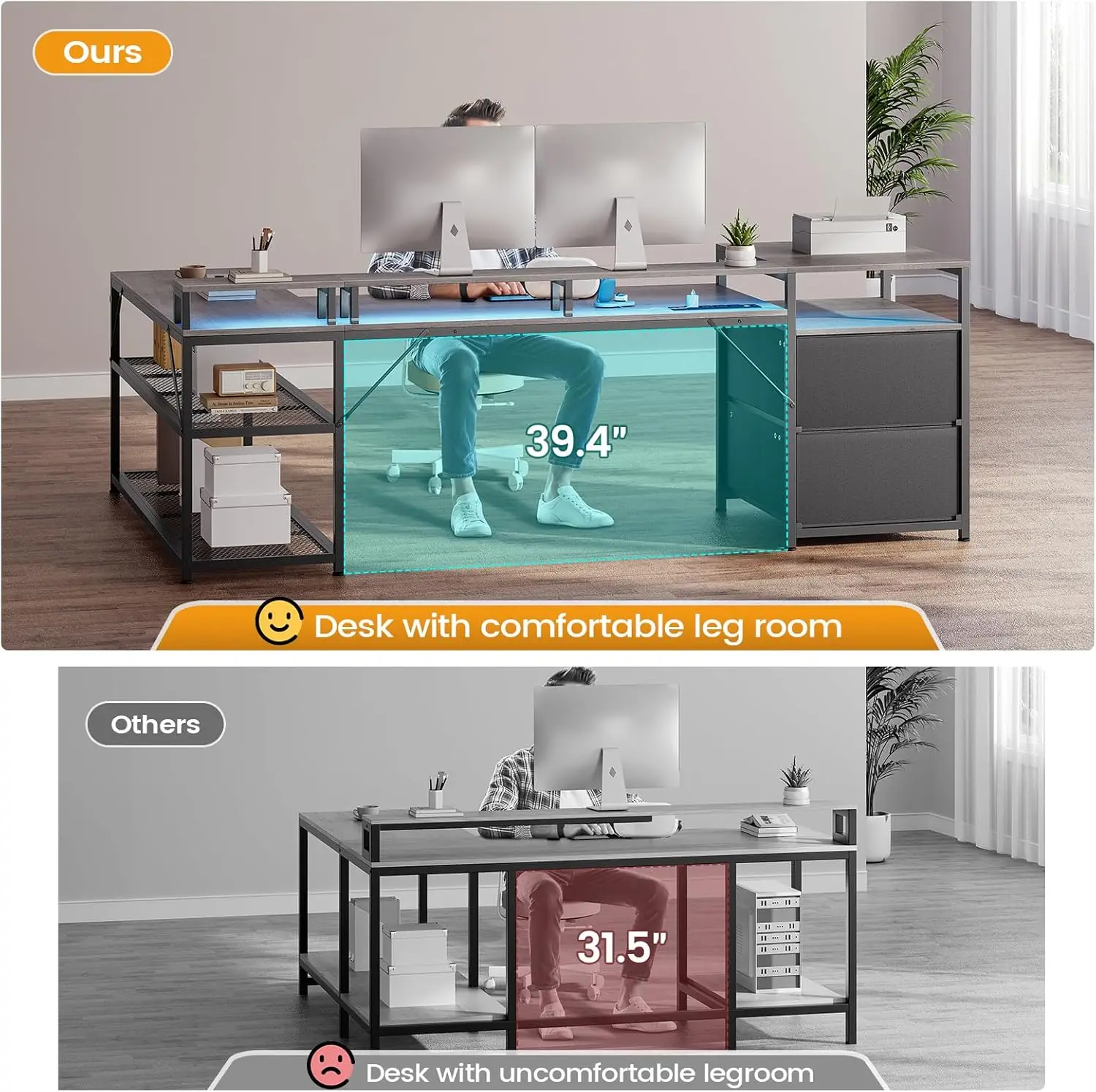 67" L Shaped Desk with Drawers, Computer Office Desk with Storage Shelves & Power Outlet, Reversible Gaming Desk with LED Lights - Image 4