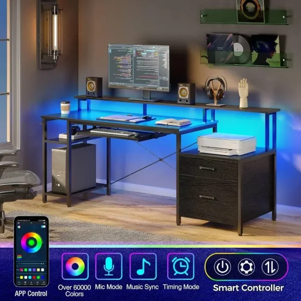 Computer Desk with File Drawer, Gaming Desk with LED Light & Power Outlets,Home Office Desk with File Cabinet & Storage Shelves