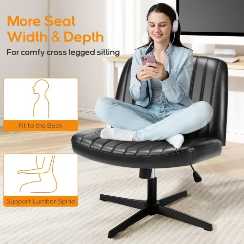 Dumos Criss Cross Chair Legged Office Wide Comfy Desk Seat, No Wheels Armless Computer Task Seating, Swivel Vanity Home Height