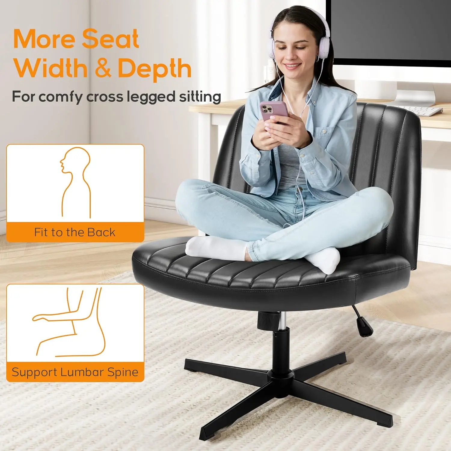 Dumos Criss Cross Chair Legged Office Wide Comfy Desk Seat, No Wheels Armless Computer Task Seating, Swivel Vanity Home Height