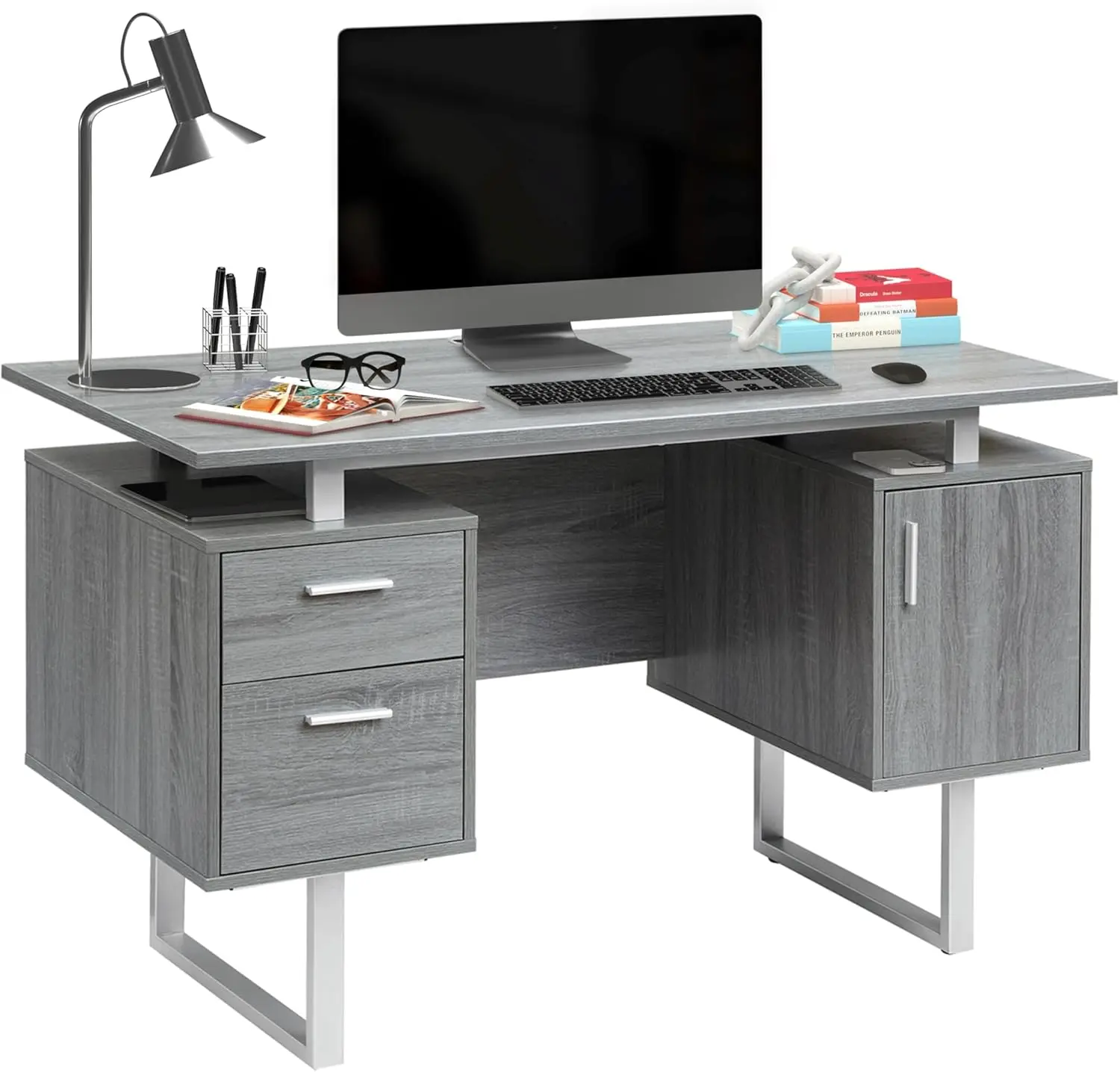 Modern Office Desk With Storage, Gray
