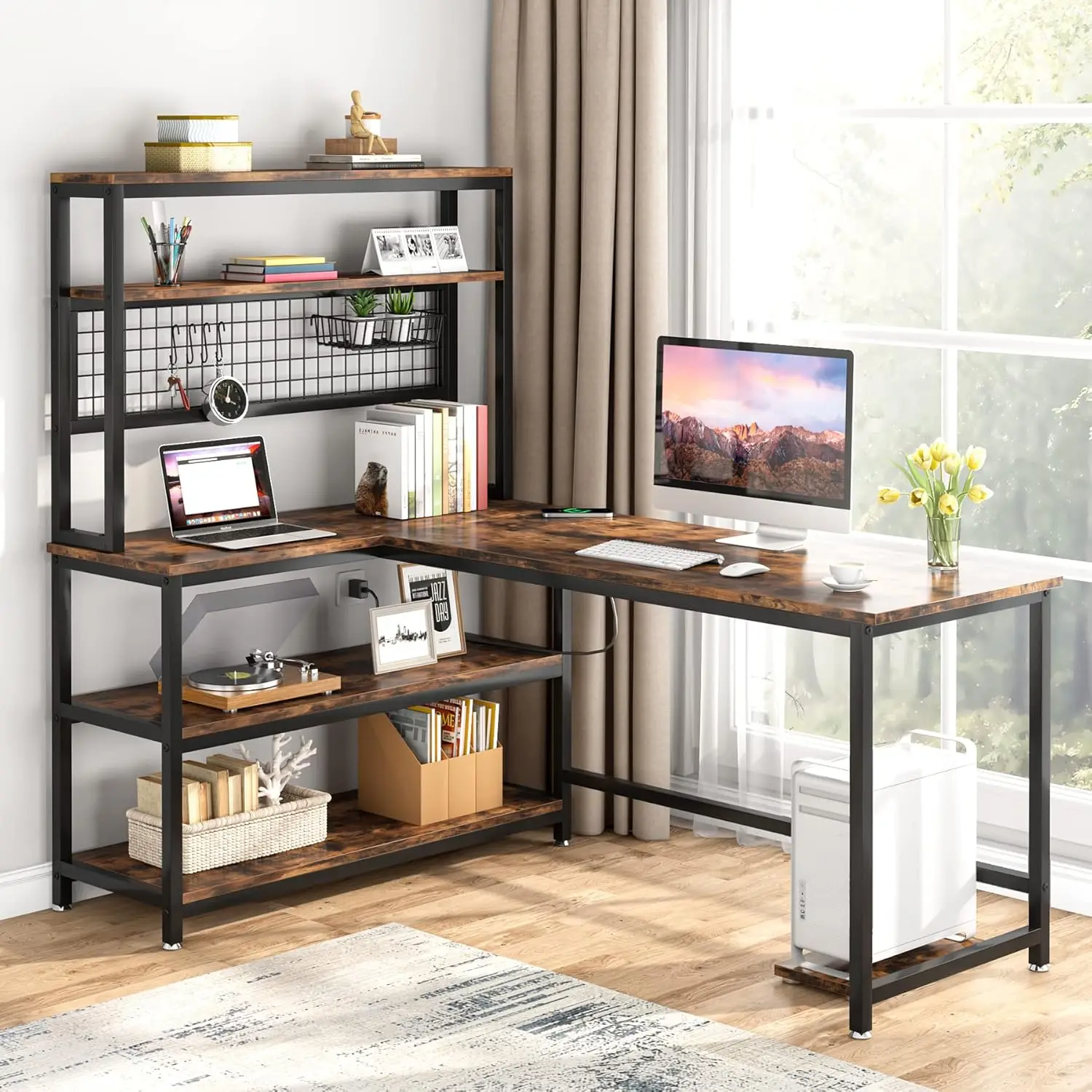 55" L-Shape Computer Desk with Hutch and Wireless Charging, Office Desk Study Table Writing Desk Workstation with 5 Shelves