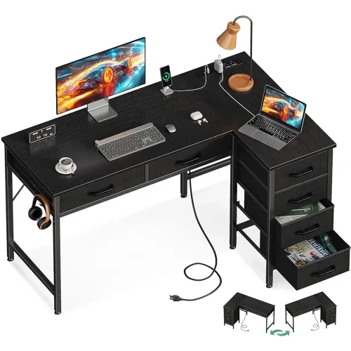42 H L Shaped Desk With Drawers, Computer Desk With Power Outlets, Home Office Desk With 6 Drawers, Reversible Corner Desk For