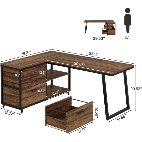 53" L Shaped Office Desk, Reversible Computer Desk with 3 File Drawers and 2 Storage Shelves for Home Office, Study, Gaming Room
