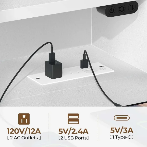 Computer Desk 47 inch with LED Lights & Power Outlets, Home Office Desk with Monitor Shelf, Gaming Desk, Writing Desk, White